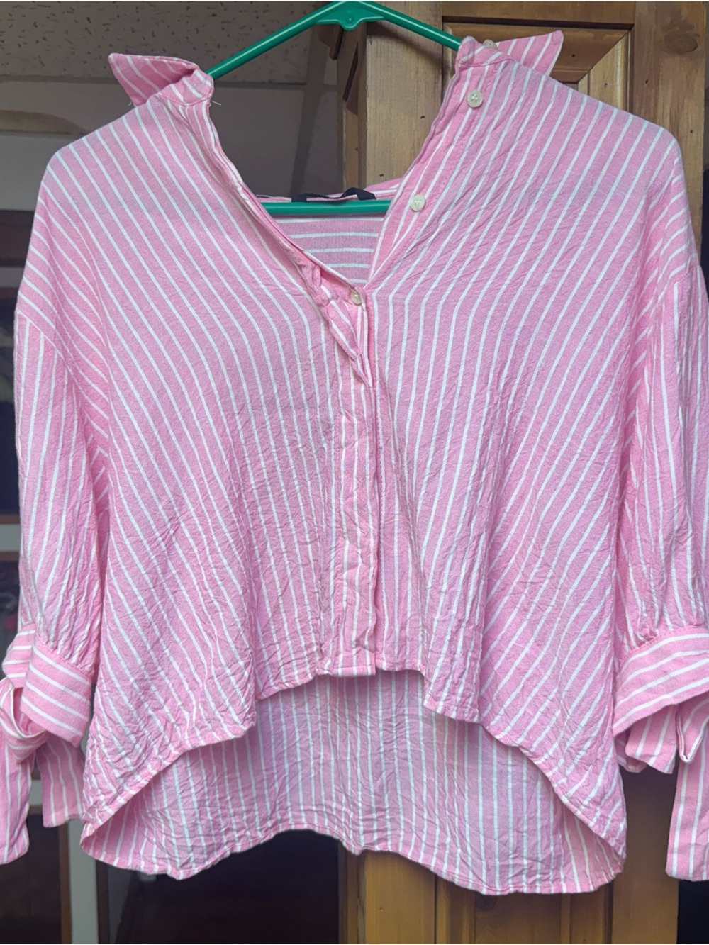 Zara Pink and White Striped Button-Down Blouse
